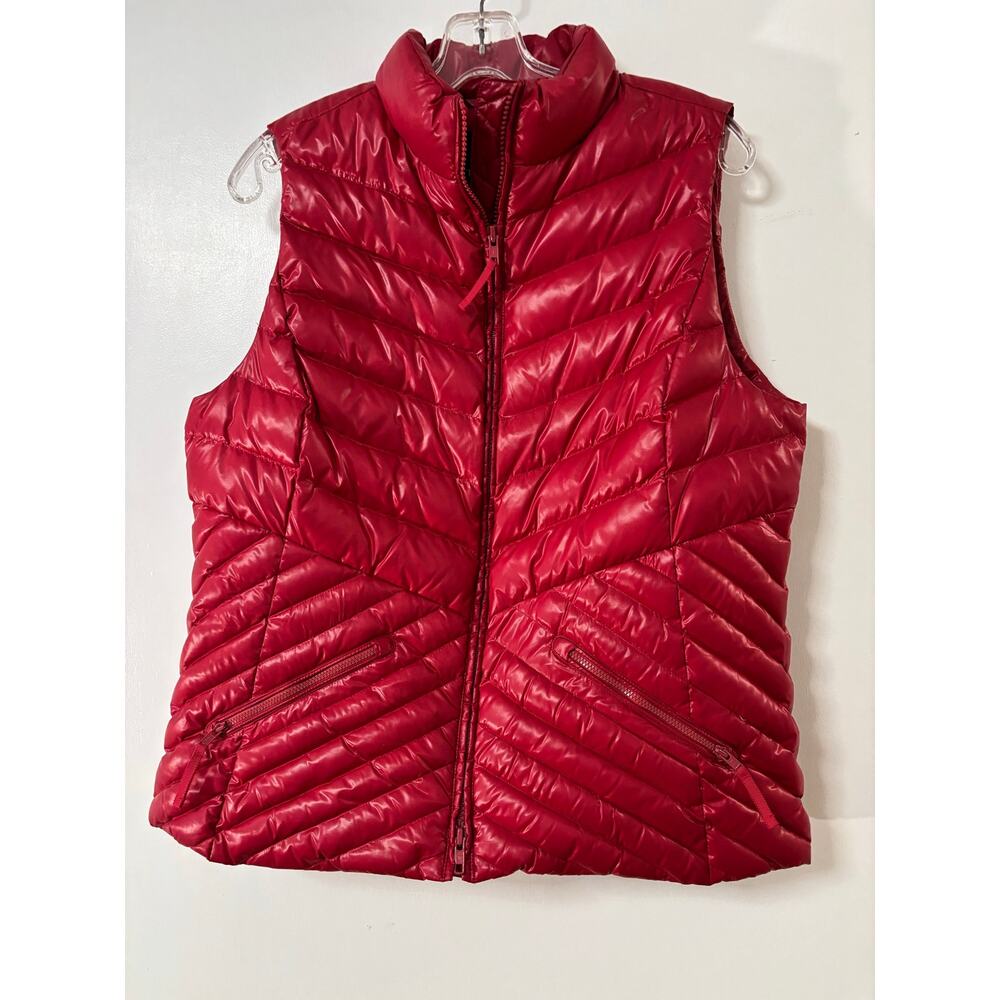 Talbots Petites Red Down Puffer Vest LP Quilted Zip Front Outerwear Chevron